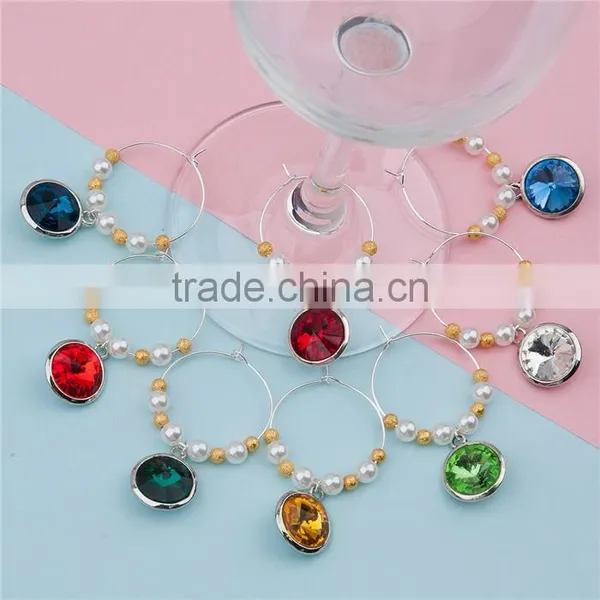 Glass Birthstone Hoop Earrings Gold Plated Acrylic Imitation Pearl Round At Random Rhinestone Wine Glass Charm For Party photo-3