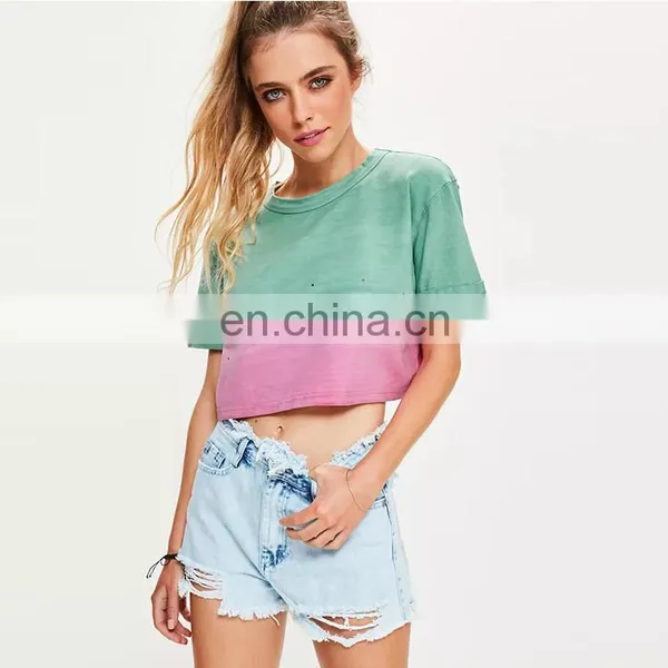Summer Short Sleeve Distressed Tie-dye Cropped Women t Shirt photo-2