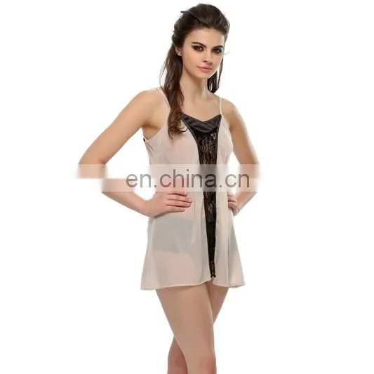 Romantic Beige Short Nightdress With Black Lace photo-2