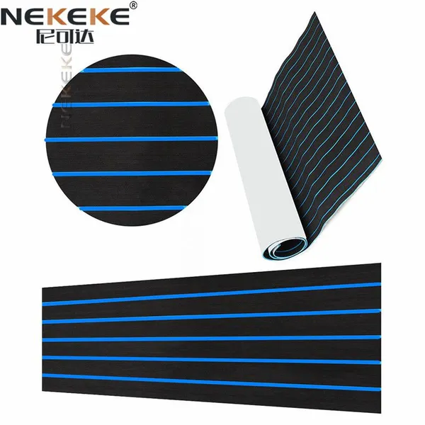 6 MM Boat Marine EVA Foam Flooring Faux Black +Blue Lines Teak Decking photo-2