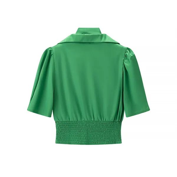 2025 Pleated Elastic Waist Shorts Women's French Fashion Satin Blouse Solid Color Tunic Top V-neck photo-2