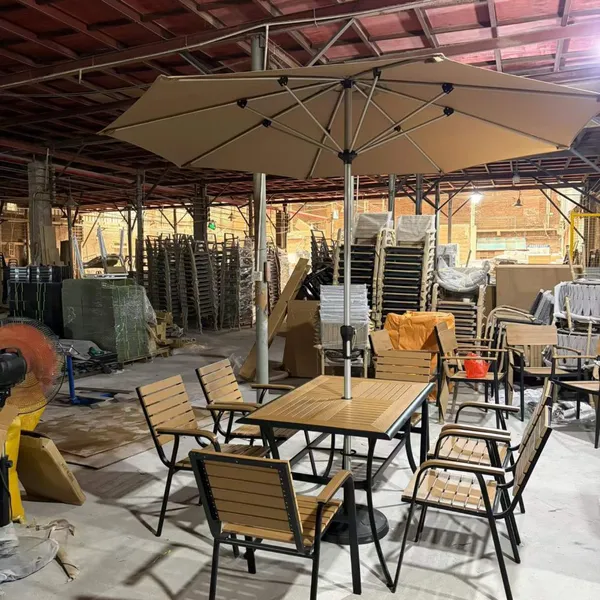 Wood-Plastic Composite Outdoor Dining Set With Central Hole Table, Stackable Metal Frame Armchairs & Large Octagonal Patio Umbrella for Cafe photo-2
