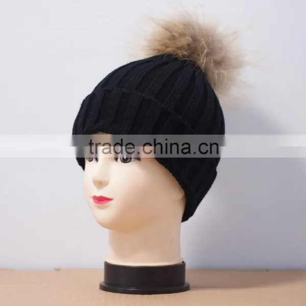 KH1214 Knitted Full Raccoon Fur Pompom Wool Hat photo-2