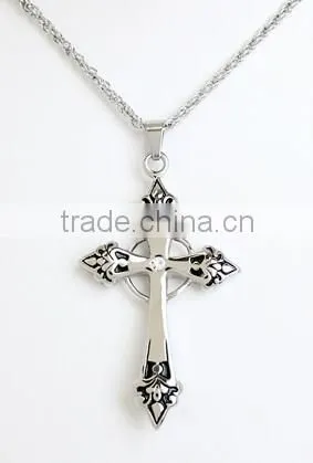 Stainless Steel Pendant: Gothic Cross With Black Inlay, Circle at Back Center and Clear Gem at Center Front