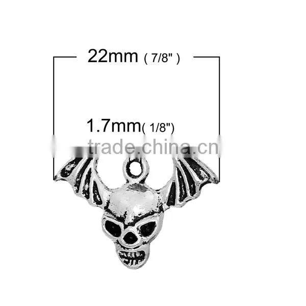 Zinc Based Alloy Halloween Charms Skeleton Skull Antique Silver Halloween Bat 22mm x 16mm photo-2