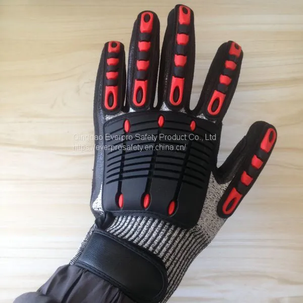 Anti Impact & Cut 13G HPPE Liner Nitrile Sandy Coated TPR Oilfield Impact Gloves photo-5