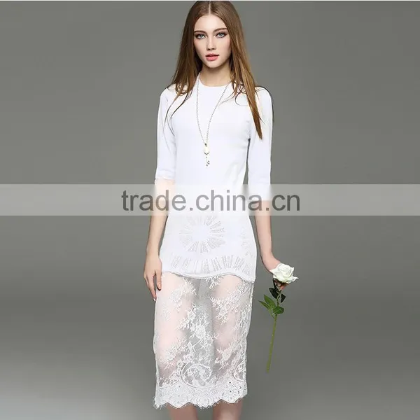 2017 Hot New Lady Hollow Knit Dress Half Sleeve Slim Hip Long Lace Dress With Lace Hem photo-2