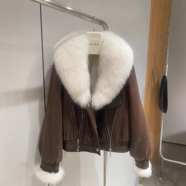 Fox Fur Collar Zipper Suede Fur Short Jacket for Women