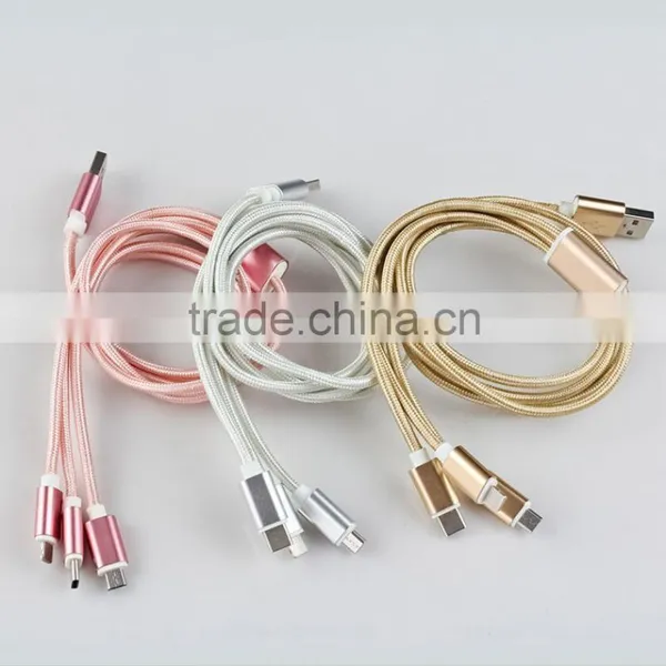 1.2m Nylon Woven Three Metal Plugs 3 in 1 Micro USB Cable Colorful Phone Cable for IPhone 6 6s Plus 5s Android Type C photo-2