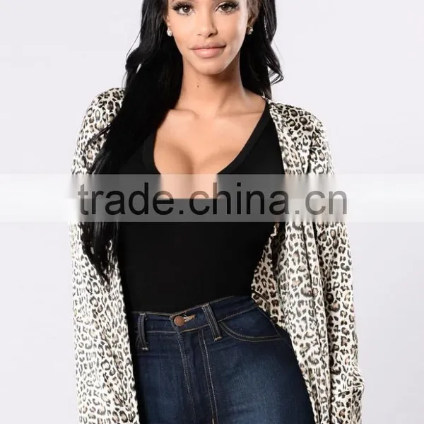 Women Polyester Spandex Blend Satin Leopard Open Front Longline Duster Coat photo-5