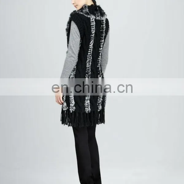 Beautiful Rex Rabbit Fur Long Knitted Vest /dyed Black&whitebeautiful Rex Rabbit Fur Long Knitted Vest /dyed Black&white photo-2