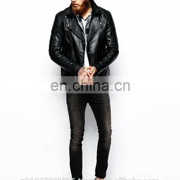 Men's Fashion Genuine Cowhide Milled Leather Bomber/Biker Jacket Quilted Pocket in Black photo-4