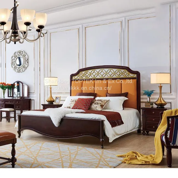 Solid Wood Bed Frame Easy Assembly Wooden Bedroom Furniture Bed With Vintage Headboard