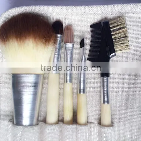 5pcs Canvas Bag Bamboo Handle Cosmetic Makeup Brush Set for Girls photo-2