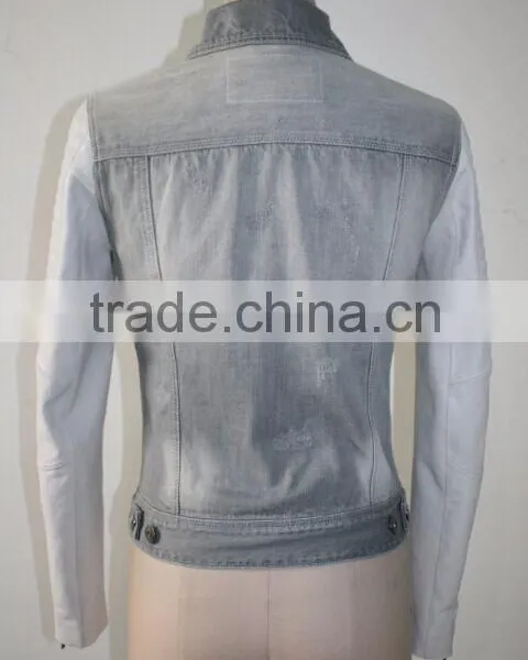 Women Jeans Jacket With White PU Jacket 2016 New photo-3
