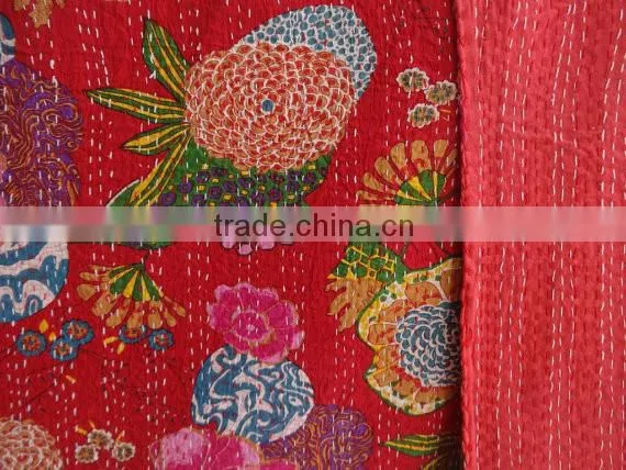 Red Tropical Queen Size Bedspread, Handmade Cotton Kantha Quilt, Reversible Designer Bedding, Room Decor, Indian Kantha Work