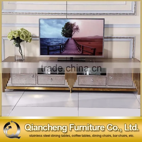 Hotel Furniture Led tv Stand tv Table With Gold Metal Frame pu Cover Top photo-2