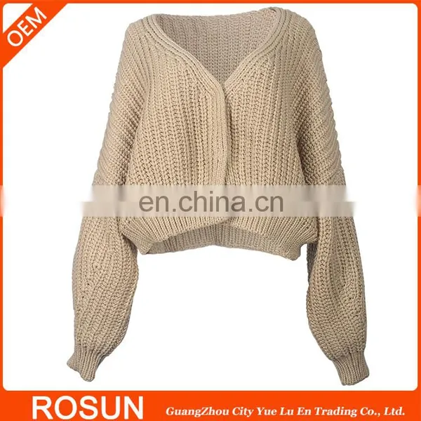 2017 Autumn Fashion Shallow Khaki Color Knit V Neck T Shirts for Women as Cardigan Sweater Crop Top