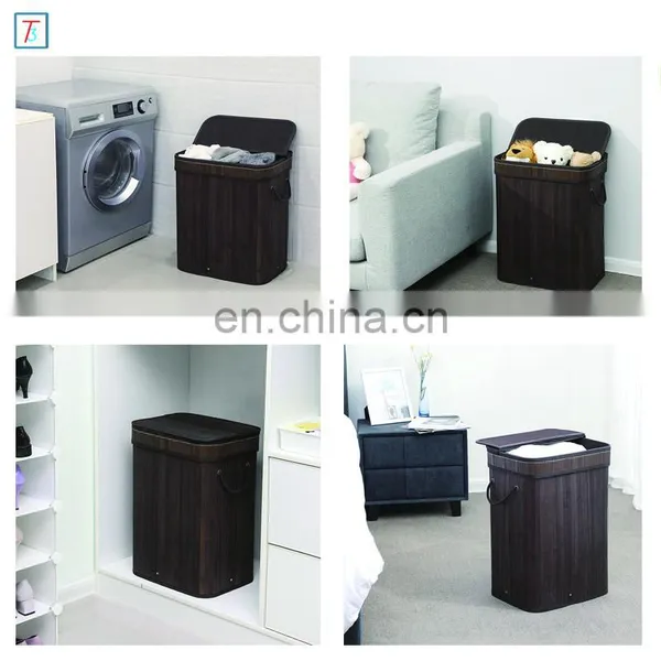 Bamboo Laundry Hamper Storage Basket Folding Dirty Clothes Hamper With Lid Handles and Removable Liner photo-3