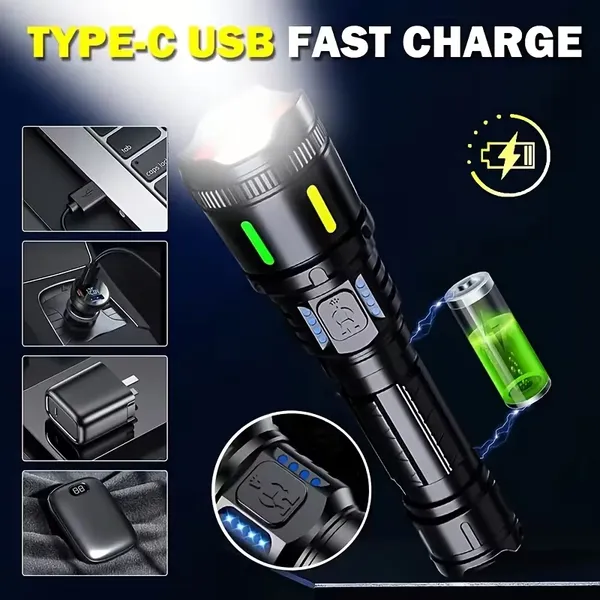 Hot Emergency Power Display Telescopic Zoom Aluminum Alloy USB Rechargeable Body White Led Torches Lights Tactical Flashlights photo-3