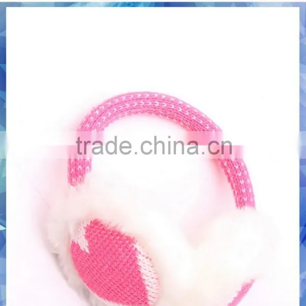 Pink Hear Knitted Girls Winter Earmuffs With Fluffy Lining photo-2