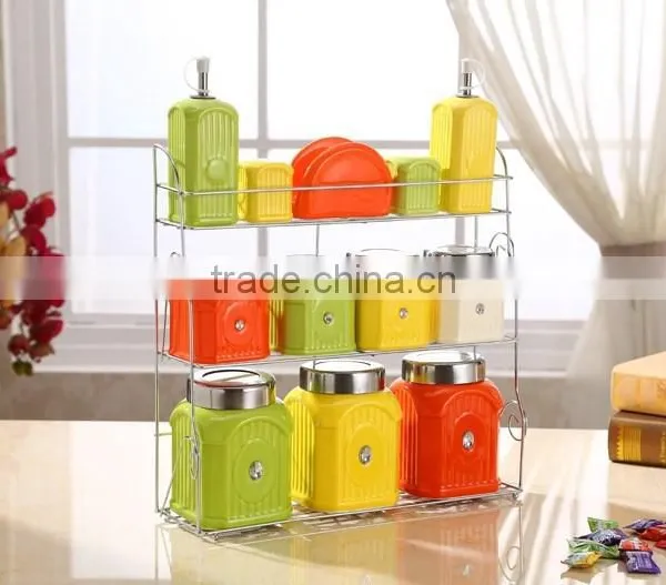 Kitchen Ceramic Canister Set With Stainless Metal Stand photo-2