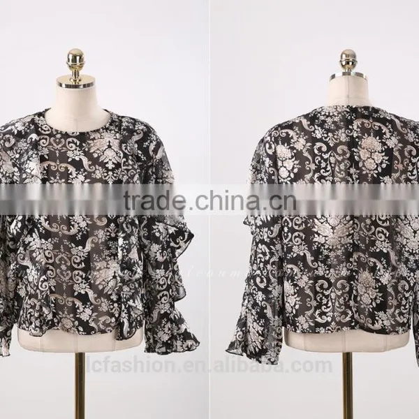 2017 Summer Print Chiffon Tunic Tops Long Sleeve Womens Shirts photo-4