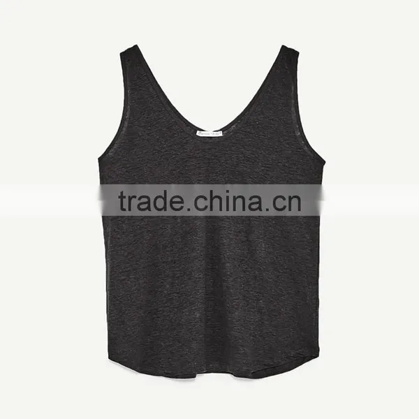 Summer Loose Fit Round Neckline Sleeveless Wide Straps Vest Women Linen Tank Tops photo-4
