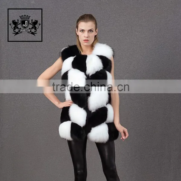 Factory Fashionable Silver Black and White Squares 100% Fox Fur Vest
