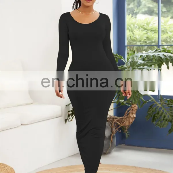 2020 Wholesale Casual Cotton Fall Winter Solid Color Pencil Maxi Dress Long Sleeve Bodycon Dresses Women photo-5