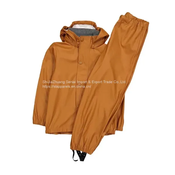 Custom Wholesale Outdoor Waterproof Jacket Bib Overall Yellow PU Raincoat Rain Suit for Kids & Toddler photo-2