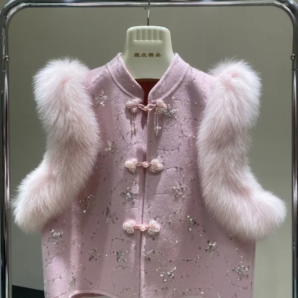 New Fox Fur Vest, Double-sided Wool Tweed Coat, Heavy Industry Vest, Chinese-style Button-down Short and Elegant Coat photo-3