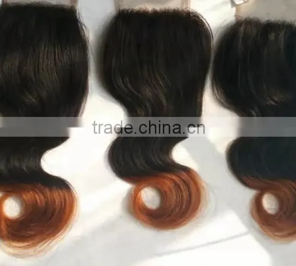 Brazilian Hair 2T Ombre Color #1b/#30 Medium Auburn Free Part Body Wave 4x4 Lace Closure Two Tone Top Closures Cheap Hair Pieces photo-3