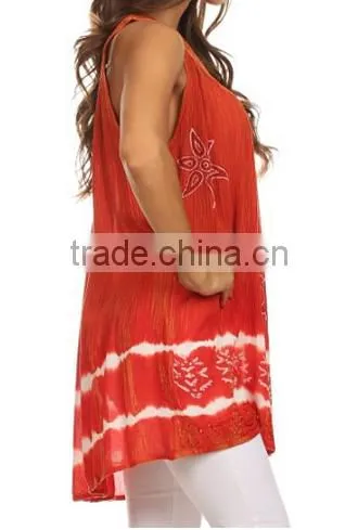 Sequin Embroidered Batik Relaxed Fit Sleeveless V-Neck Top - Burnt Orange - OS photo-3