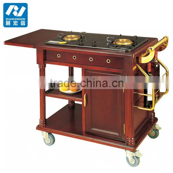 Hotel Luxury Flambe Solid Wood Cooking Trolley photo-3