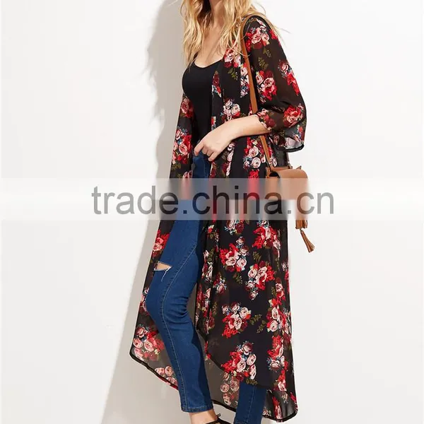 Custom Flower Print Women Soft Comfortable Beachwear Outwear Black Floral Longline Chiffon Kimono photo-4