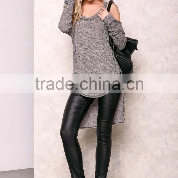 Custom Made Brand Women Halter Cold Shoulder Sexy Sweaters For Party Charcoal Long Loose Tops photo-2