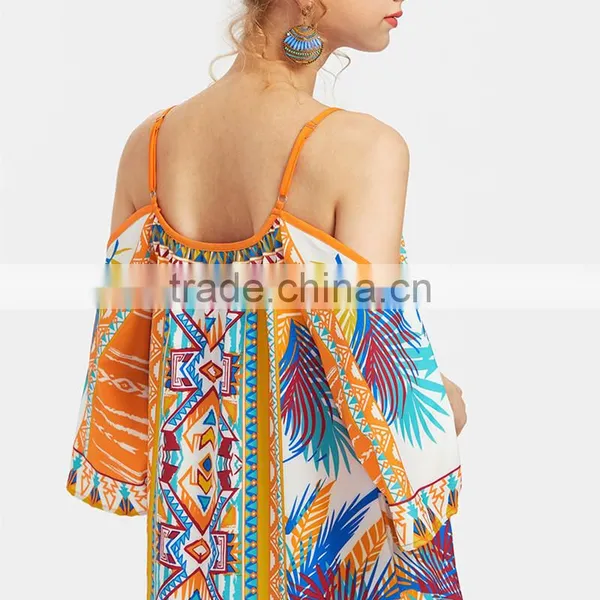 Print Kimono Sleeve Dress, Women Cold Shoulder Spaghetti Strap Dress photo-6