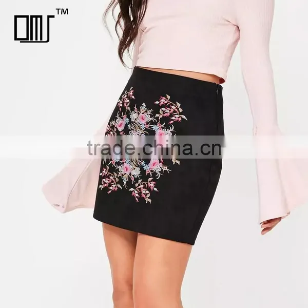 Side Zipped Embroidered Black Suede Stretchy Tight Mini Pencil Skirt photo-2