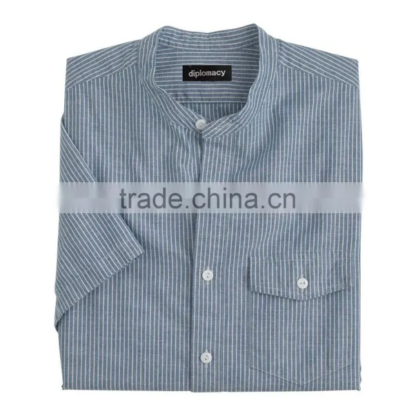 2015 Classic Fit Short Sleeve Stand Collar Shirt in Deep Cove Stripe Classic Design Hot Sell Custom Striped Shirt photo-5