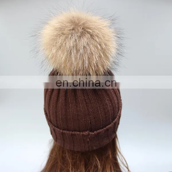 Wholesale Latest UK Style Acrylic Crochet Hat With Raccoon Fur Poms Knit Hat photo-4