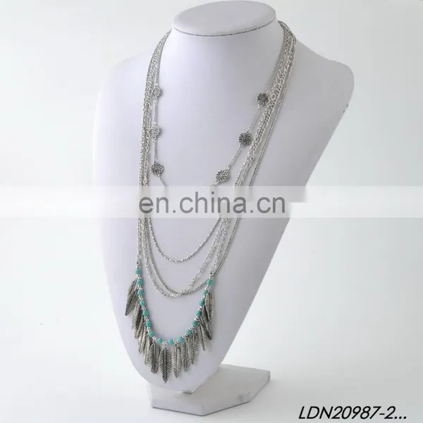 Bohemian Layered Turquoise and Leaves Pendant Necklace Fashion Gold Necklce and Silver Necklaces photo-5