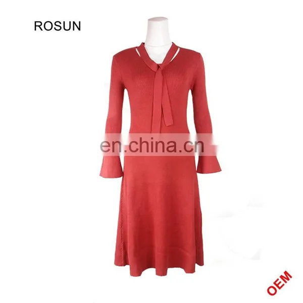 Latest Girls Sweater Round Neck Designs Knitted Midi Dress With Black Background For Spring of Wholesale Clothing photo-2