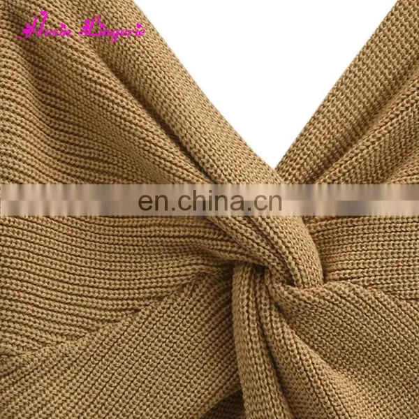 Eaby Hot Sale Khaki V-neck Backless Knitting Cheap Women Cashmere Ugly Sweater photo-3