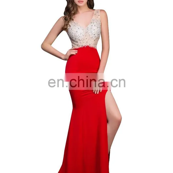 Grace Karin Women Sexy Backless V-Neck High-Split Shining Rhinestone Sequins Red Long Prom Dresses CL008914-1 photo-2