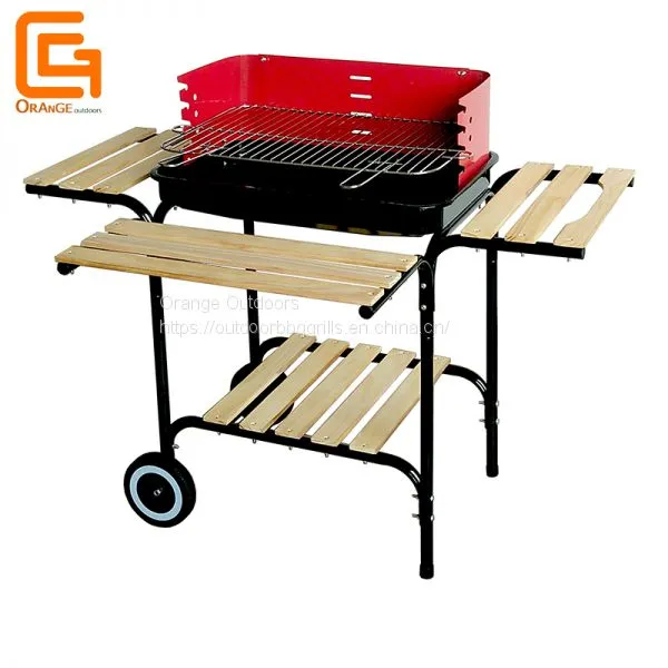 Portable Bbq Windshield Rectangular Charcoal Forest Barbeque Grill With Bottom Wooden Table