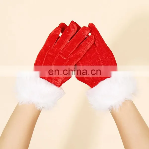 Fashion Style Party Decoration Women Ladies Teen Short Gold Velvet Santa White Fur Mouth Red Christmas Gloves photo-2