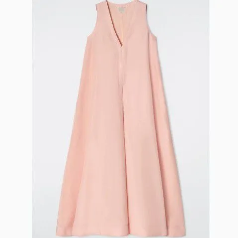 Loose-fit A-line blended fabric long dress with backless design, 2025 spring new product