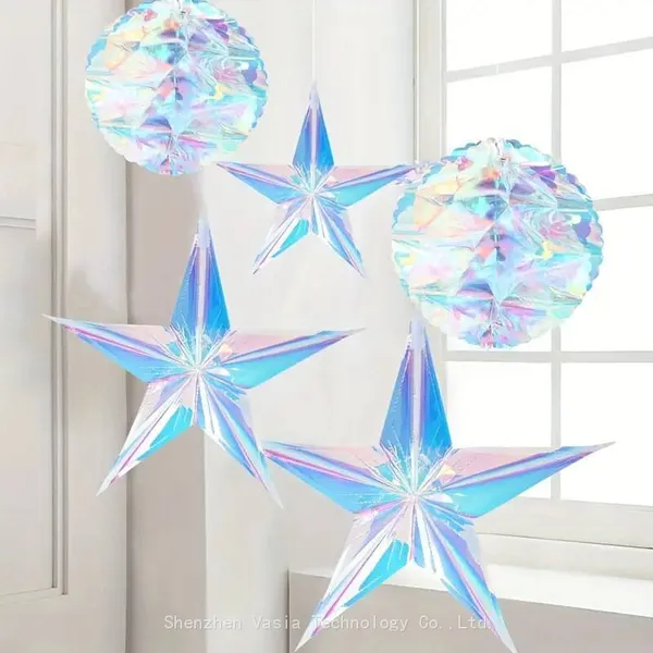 Iridescent Holographic Star Hanging Decorations for Party Ceiling & Window Ornament Supplies photo-3