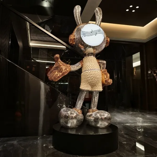 Rose Gold Rabbit Sculpture With LED Lighting on the Face, 24k Gold Reflective Art photo-2